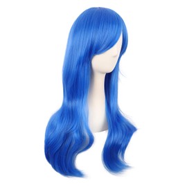 MapofBeauty 28 Inch/70 cm Women Side Bangs Long Curly Hair Cosplay Synthetic Wig (Bright Blue)