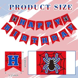 Oudain Pre Strung Spider Happy Birthday Banner Ghost Spider Web Theme Happy Birthday Sign Cartoon Movie Hanging Garland for Boys Kids Baby Showerbackdrop Decorations Party Supplies(Red)