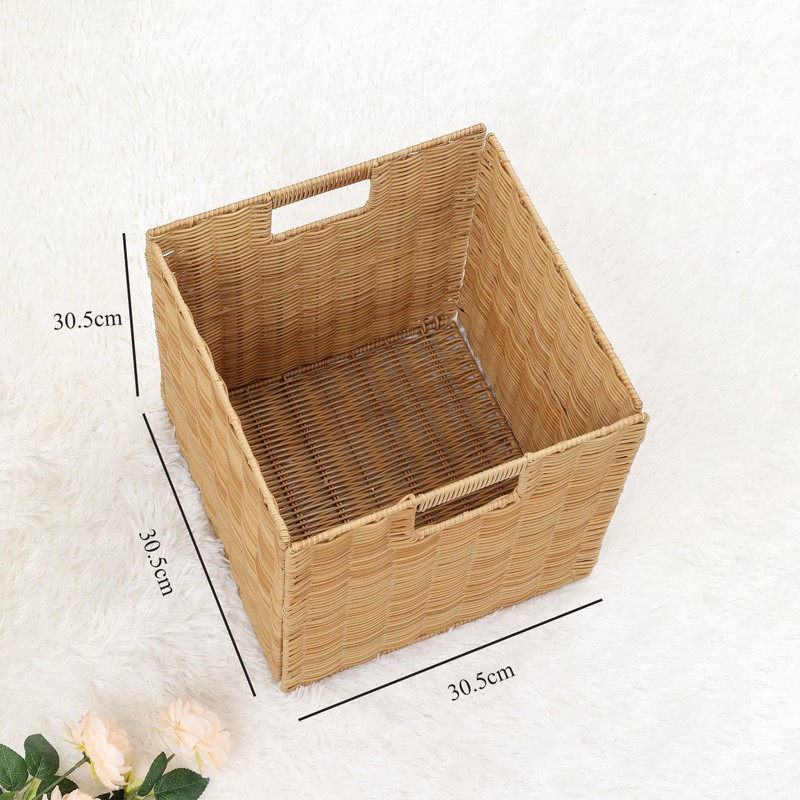 12x12x12inch Plastic Wicker Cube Baskets Large Square Foldable Handwoven Laundry