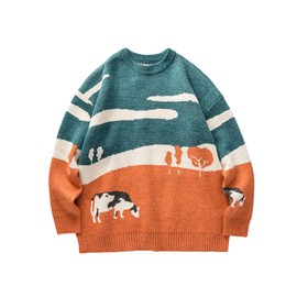 Yimoon Men Sweaters Oversized Graphic Casual Cable Knitted Jumper Pullover Cute Unisex Crewneck Retro Couple Tops (Orange-L)