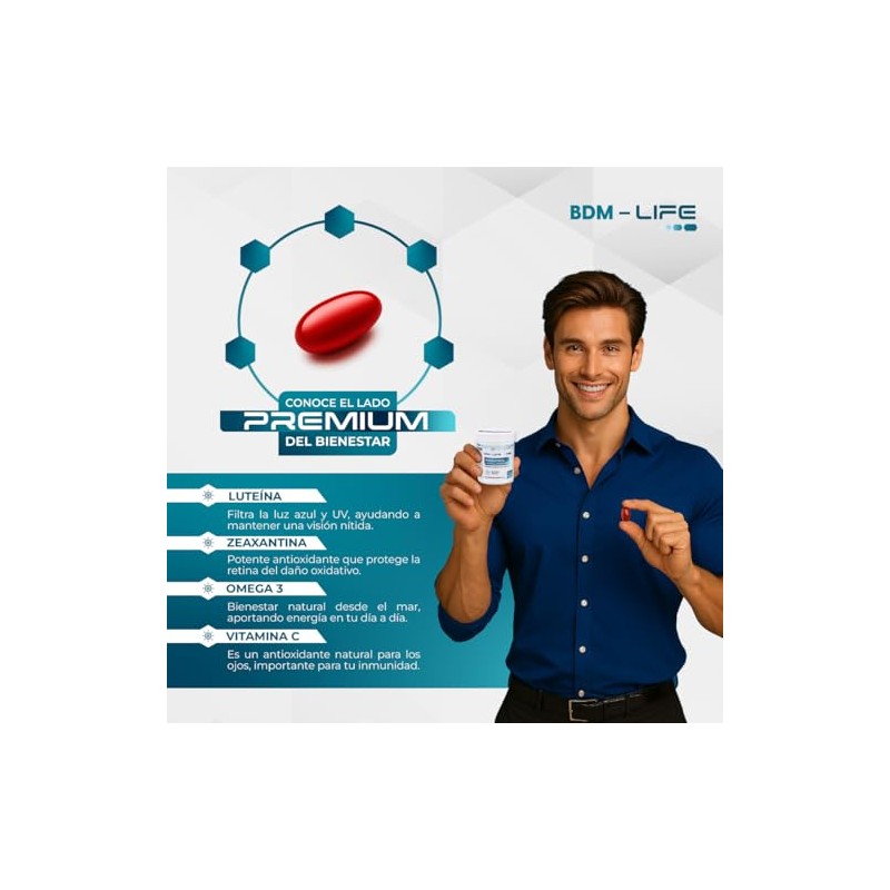 BDM LIFE Astaxantina, Luteína y Zeaxantina, Suplemento Alimenticio para la