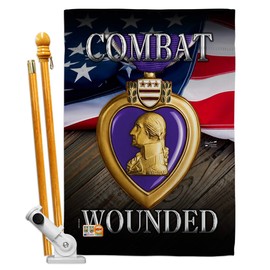 Angeleno Heritage HS137133-P3 Purple Heart Combat Wounded Americana Military Impressions Decorative Vertical 28" x 40" House Flag Set Pole Bracket Hardware