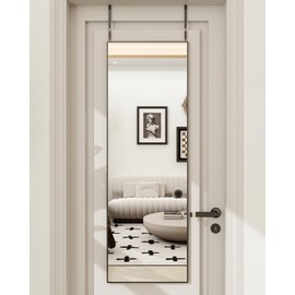 BEAUTYPEAK 16" x 50" Adjustable Height Over The Door Mirror, Full Length Hanging Door Mirror with Shatterproof Tempered Glass Aluminum Alloy Frame for Bedroom, Living Room, Bathroom, Dorm, Black