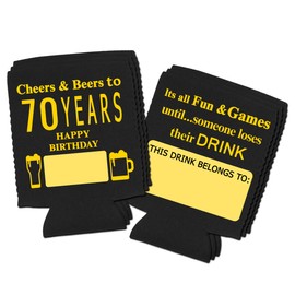 Yangmics Direct 70th Birthday Can Cooler Sleeves Pack of 12- Dirty 70 Birthday Party Supplies - Black and Gold Seventieth Birthday Cup Coolers