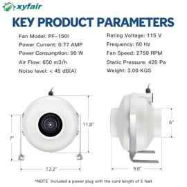 xyfair XYF Air PF-150 | Inline Duct Fan 6" 380CFM | Waterproof IP67 Radon Mitigation Fan