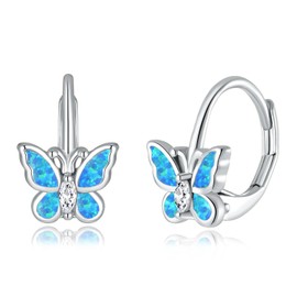 CiNily Butterfly Small Hoop Earrings for Women 14K White Gold Plated Blue Opal Leverback Earrings Dangle Drop Earrings