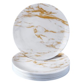 Marble Design Disposable Dinner Plates For Party (10 Pc) Heavy Duty Disposable Dinner Set 10.25”, Fine Dining Plastic Dishes For Elegant China Look, for Upscale Wedding, Dining & Servings - White/Gold