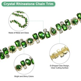 M METERXITY Crystal Rhinestone Chain Trim, 1 Yard Crystal Applique Strips String, Bling Shiny Crystal Chain Applique for Crafts/Clothes [Green Diamond with Gold Base]