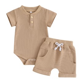 Kuriozud Newborn Baby Boy Summer Clothes Button Short Sleeve Romper Bodysuit Shorts Set Infant Soft Waffle Outfit, Waffle Khaki, 3-6 Months