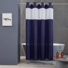 Furlinic Hookless Shower Curtain with Gauze Window Anti-Mould Waterproof Washable Textile for Bathroom Bathtub 180 x 210 cm Dark Blue with Large Eyelets