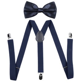 Men's Bow Tie and Y Shape Suspender Set Adjustable Elastic Solid Color (Navy Blue)