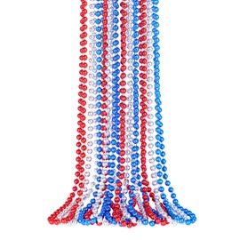 SHAOQINLIN 12 Pcs Patriotic Bead Necklaces, 4th of July Beads Necklaces Bulk 4th of July Accessories 33 Inch Metallic Red/Silver/Blue Beaded Necklaces for Patriotic Day, Carnival Party Favor
