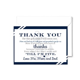 Nautical Baby Shower Thank You Cards with Envelopes (25 Pack) Preprinted Message from Baby Boys with Customizable Space for Handwritten Note from New Parents, 4x6 Double-Sided Card Navy Blue