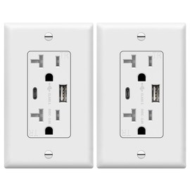 TOPGREENER Toma USB de 20 amperios, toma de cargador de pared USB tipo C, receptáculo resistente a manipulaciones de 20 A con 2 puertos de carga USB, placa de pared incluida, TU22036AC-W-2PCS, blanco, paquete de 2