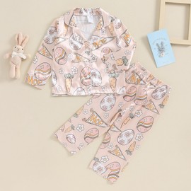 ZZLBUF Toddler Baby Easter Pajama Set Kids Girl Bunny/Carrot Egg PJs Set Button Shirt Pants Xmas Loungewear Sleepwear (02- Egg Carrot Pink, 2-3 Years)