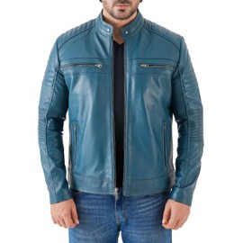 Jild Vintage Cafe Racer Leather Jacket Men - Hand Waxed Real Lambskin Leather Motorcycle Jacket (CRM-Blue-3XL)
