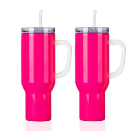 PYD Life 40 OZ Sublimation Tumblers with Removable Handle and Straw Lid Neon Pink Glossy Blanks for 40 OZ Tumbler Heat Press Sublimation Oven Printing 2 Pack