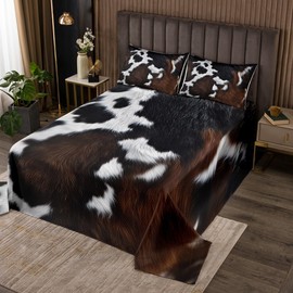 Feelyou Cowhide Print Bedspreads Queen Size Rustic Cow Fur Quilted Coverlet for Cabin Lodge Decor Coverlet Set Farmhouse Animal Skin Printed Quilt Duvet Set with 2 Pillowcase