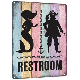 HYBLOM Mermaid Bathroom Decor - Pirate Themed Restroom Signs - Vintage Nautical Wall Decor - Funny Beach Toilets Door Signs Metal Aluminum 12x8 Inches
