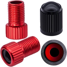 MEAJOO 2PCS Presta Valve Adapter, Aluminum Convert Presta to Schrader Adaptor, Inflate Tire Using Standard Pump or Air Compressor for Bikes, 2 x Black Tire Valve Caps(Vertical Grain Style, Red)
