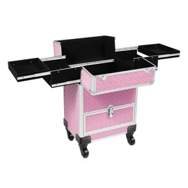 Rolling Makeup Train Case Solid Color Aluminum Rolling Nail Case with 360° Rotation Wheels 3in1 Cosmetic Modern Trolley Storage Box for Professional Salon Barber Cosmetic Beauty Storage (Pink)