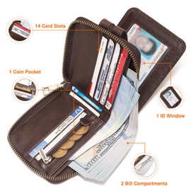 Zipper Wallet for Men, Genuine Leather Zipper Around Purse RFID Blocking Bifold ID Window,Zipper Wallet With Coin Pocket (Coffee)