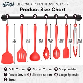 Herogo Silicone Cooking Utensils Set, 7-Piece Kitchen Utensils Set, Heat Resistant Cooking Gadget Tools Slotted Turner, Spoon, Soup Ladle, Pasta Server, Spatula, Tongs for Nonstick Cookware, Red