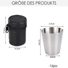 CHJIEJIE TAFAFTL Pack of 12 Stainless Steel Cups, Small Stainless Steel Cups, Portable Metal Cups, Stackable Drinking Cups, Stainless Steel Cups with 3 Leather Cases with Zip for Camping, Picnics,