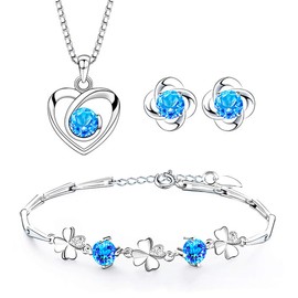 Josfeva Silver Jewellery Sets for Women, 925 Sterling Silver Stud Earrings & Necklace & Bracelet Sets with Blue Cubic Zirconia, Heart Clover Jewellery Set Gift for Christmas Birthday Valentines
