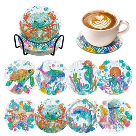 ZTOTZ 8pcs Ocean Series Diamond Art Coasters Kit, Sea Animals Diamond Painting Coasters with Cork Pad, DIY Coaster Gem Art Kits for Adults Craft for Gift Festival (Turtles, Octopuses,Dolphins)