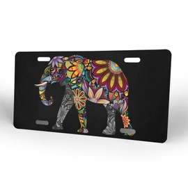 Cheerful Boho Mandala Floral Elephant Front License Plate Aluminum Decorative License Plates Funny Metal Car Plate 6"X12" Novelty Vanity Tag Cover with 4 Holes Car Decor Accessory