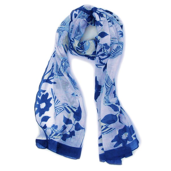 Colibrí bufanda y California Poppy bufanda: Sheer algodón suave, Blue color Hummingbird Print