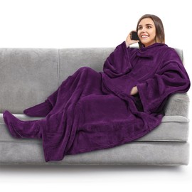 PAVILIA Fleece Blanket with Sleeves and Foot Pockets for Women Men Adults, Wearable Blanket Sleeved Throw Wrap, Plush Hug Sleep Pod Snuggle Blanket Robe, Cozy Gift Ideas Wife Mom, Dark Purple