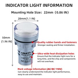 ARLETA Voltage 12V/24V/110V/120V Current 20mA Energy Saving LED Indicator Light Mounting Hole Size 22mm(7/8 Inch) White 10Pcs