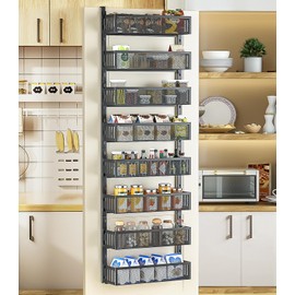 DAOTENGQL 8-Tier Over The Door Pantry Organizer with Mesh Baskets, Adjustable & Stable Hanging Spice Rack for Kitchen, Bathroom, Bedroom, and Baby Essentials Storage (16" W 8-Tiers, Black)