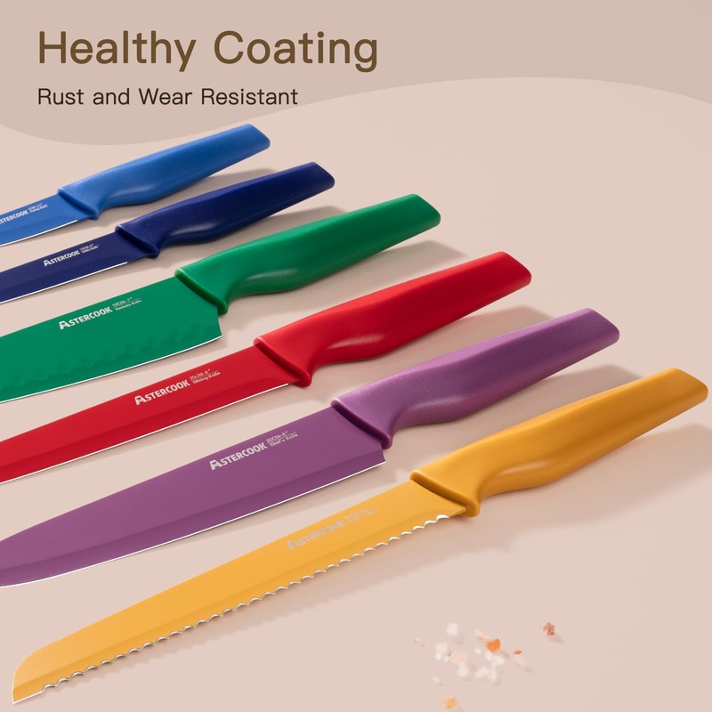 Astercook 6 Piece Color-Coded Kitchen Knife Set, Stainless Steel Chef