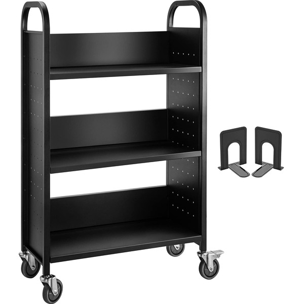 VEVOR Book Cart, 200lbs Library Cart, 30x14x49 Inch Rolling Book Cart Single Sided L-Shaped Flat Shelves with 4 Inch Lockable Wheels for Home Shelves Office and School Book Truck in Black