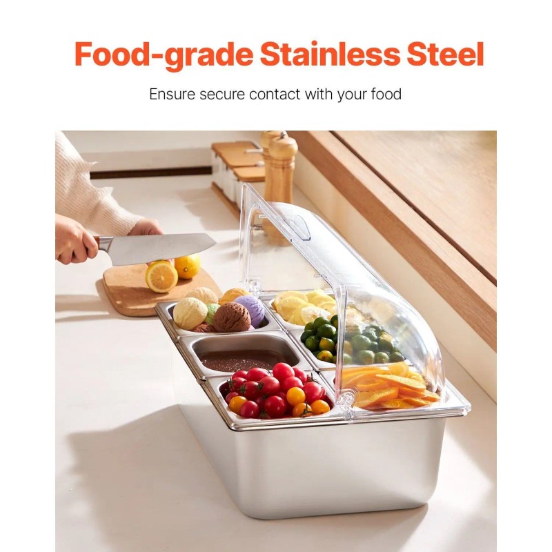 Stainless Steel 6 Pan Countertop Food Serving Tray With Clear