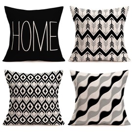 Fukeen Home Geometric Set of 4 Throw Pillow Covers Modern Accent Decorative 18x18 Inch Black White Grey Arrow Stripes Wave Abstract Pattern Pillow Cases Cushion Cover for Living Room Bed