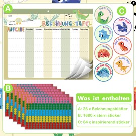 khlerox Children's Magnetic Reward Board, 26 Pages, 1680 Stars and 84 Motivational Stickers, Reward System, Children's Weekly Plan to Promote Responsibility and Good Habits (Dinosaurs)
