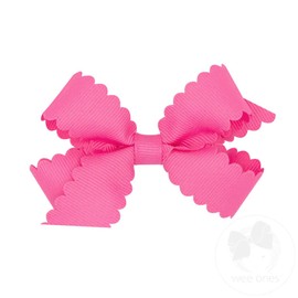 Wee Ones Girls' Classic Grosgrain Hair Bow with Scalloped Edges and Plain Wrap Center on a WeeStay Hair Clip, Mini, Hot Pink