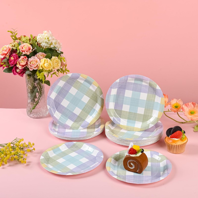 AllReal 24Pcs Spring Easter Dessert Plates Pastel Gingham Disposable Paper