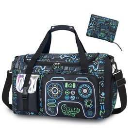 WOOMADA Foldable Kids Duffle Bag for Boys & Girls, Kids Overnight Travel Bag with Shoe Compartment＆Wet Pocket, Ideal for School Practice, Sports, Weekend Travel(Game)