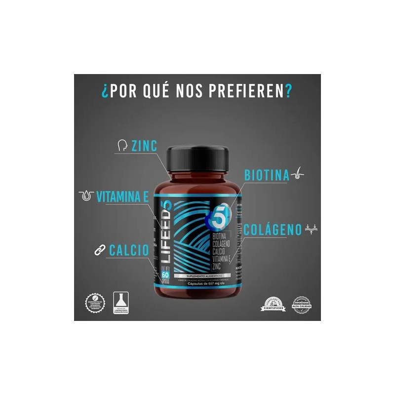 Biotina Colágeno Vitamina E Zinc Calcio 60 Cápsulas Lifeed5