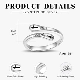 Just Breathe Cross Rings for Women - 925 Sterling Silver Adjustable Rings for Daughter Jewelry Gifts for Daughter Women (Cross Just Breathe Ring)