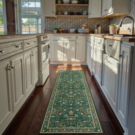 Morebes Washable Boho Runner Rug 2x6, Non Silp Boho Soft Indoor Floor Bathroom Runner Rug, Vintage Botanical Carpet 6ft for Hallway Entryway Laundry Room, Dark Green