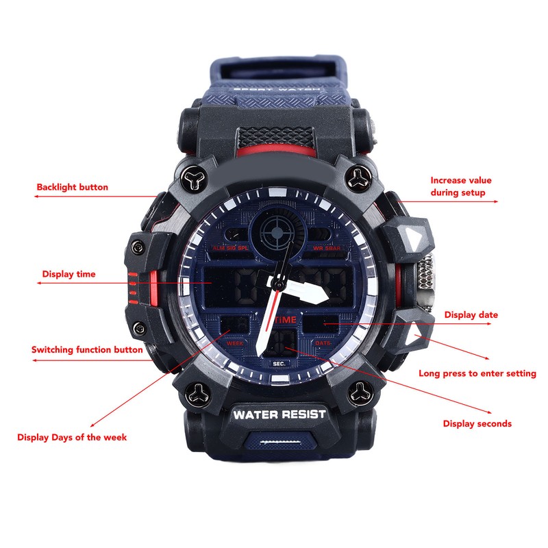 Men Digital Sports Watch Stopwatch Calendar Alarm Function Dual Time