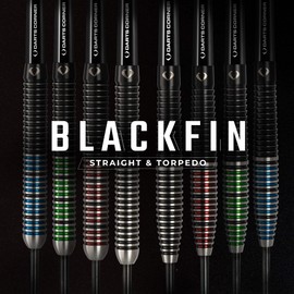 Darts Corner D0789 BlackFin | 22g Darts Set with Premium 90% Tungsten Straight Barrel and Steel Tip Including 6 Flights, 6 Stems, Checkout Card and Storage Case, M1,Black
