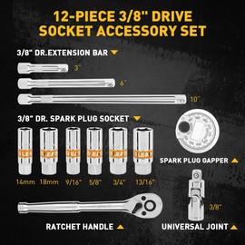 12-Piece 3/8" Drive Spark Plug Socket Set with Ratchet Handle, Universal Joint, Spark Plug Gapper & Extension Bar, 9/16", 5/8", 3/4", 13/16", 14mm, 18mm, CR-V Sockets with Rubber Holding Rings