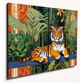 The Plum Penguin Regal Tiger Art Deco Style Wall Art - A4 Dual MDF Wood Panels with Gold Accents Canvas Alternative 40 x 30cm